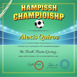 A distinguished football championship diploma featuring an action shot of a football going into a net and a faint outline of a stadium in the background