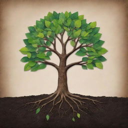 Illustrate the symbolic representation of the value of health as a strong, vital tree, with leaves indicating diverse aspects of well-being, and roots embedded deep in a nutrient-rich soil representing proper nutrition and exercise.