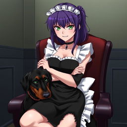 An anime-style image of a yandere maid, loyal to her master, with mesmerizing green eyes and medium-sized breasts