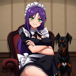 An anime-style image of a yandere maid, loyal to her master, with mesmerizing green eyes and medium-sized breasts