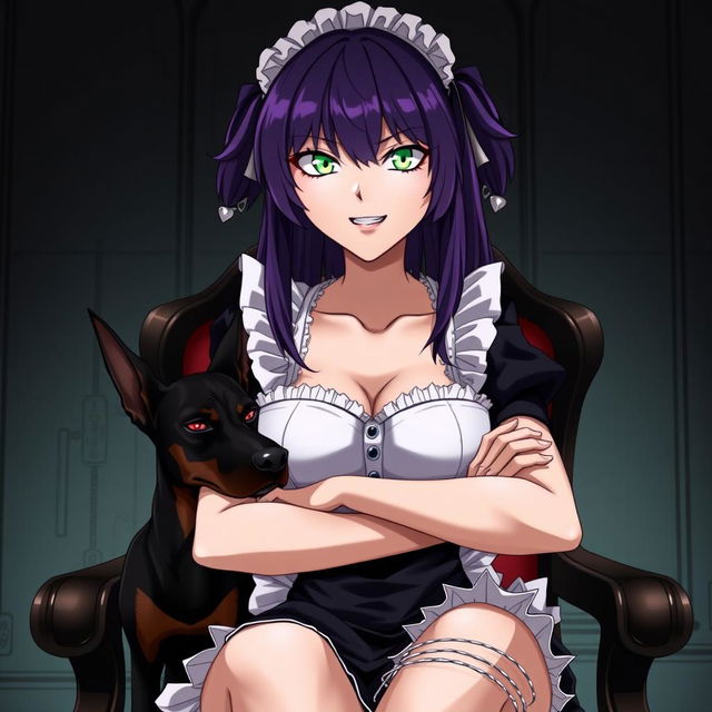 An anime-style image of a yandere maid, loyal to her master, with mesmerizing green eyes and medium-sized breasts