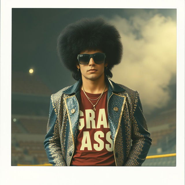 A Polaroid photo capturing a 1980s wrestler with a big black perm and funky sunglasses, wearing a dazzling sequin jacket and a "GRAB ASS" t-shirt