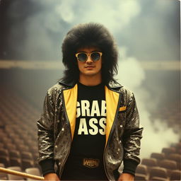 A Polaroid photo capturing a 1980s wrestler with a big black perm and funky sunglasses, wearing a dazzling sequin jacket and a "GRAB ASS" t-shirt