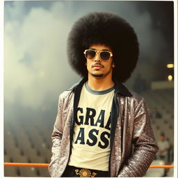 A Polaroid photo capturing a 1980s wrestler with a big black perm and funky sunglasses, wearing a dazzling sequin jacket and a "GRAB ASS" t-shirt