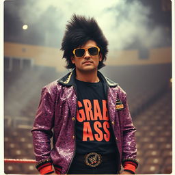 A Polaroid photo capturing a 1980s wrestler with a big black perm and funky sunglasses, wearing a dazzling sequin jacket and a "GRAB ASS" t-shirt