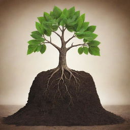 Illustrate the symbolic representation of the value of health as a strong, vital tree, with leaves indicating diverse aspects of well-being, and roots embedded deep in a nutrient-rich soil representing proper nutrition and exercise.