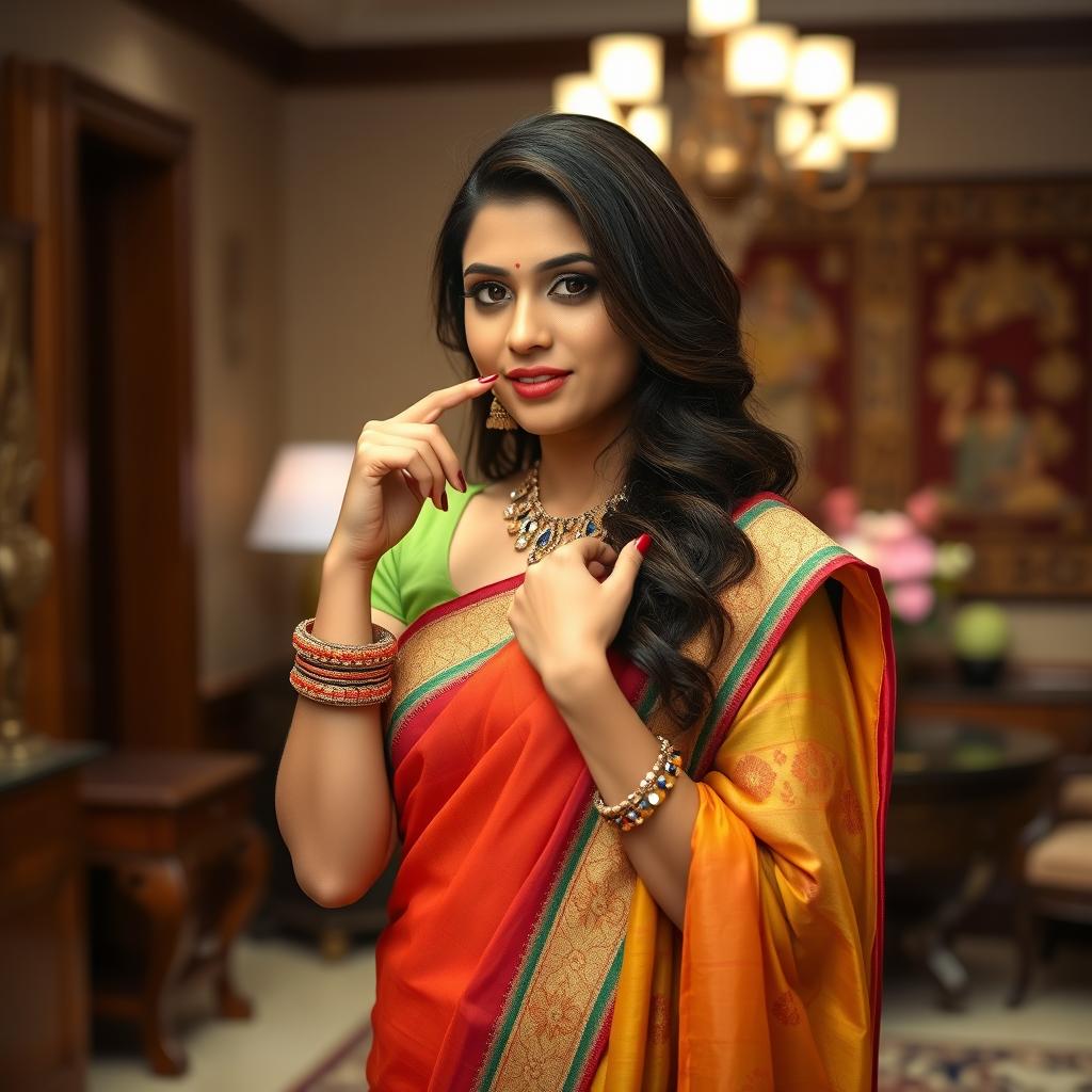 An attractive Indian bhabi posing confidently, with one finger playfully resting on her lower lip and her other hand gently placed on her chest, conveying a sense of allure and charm