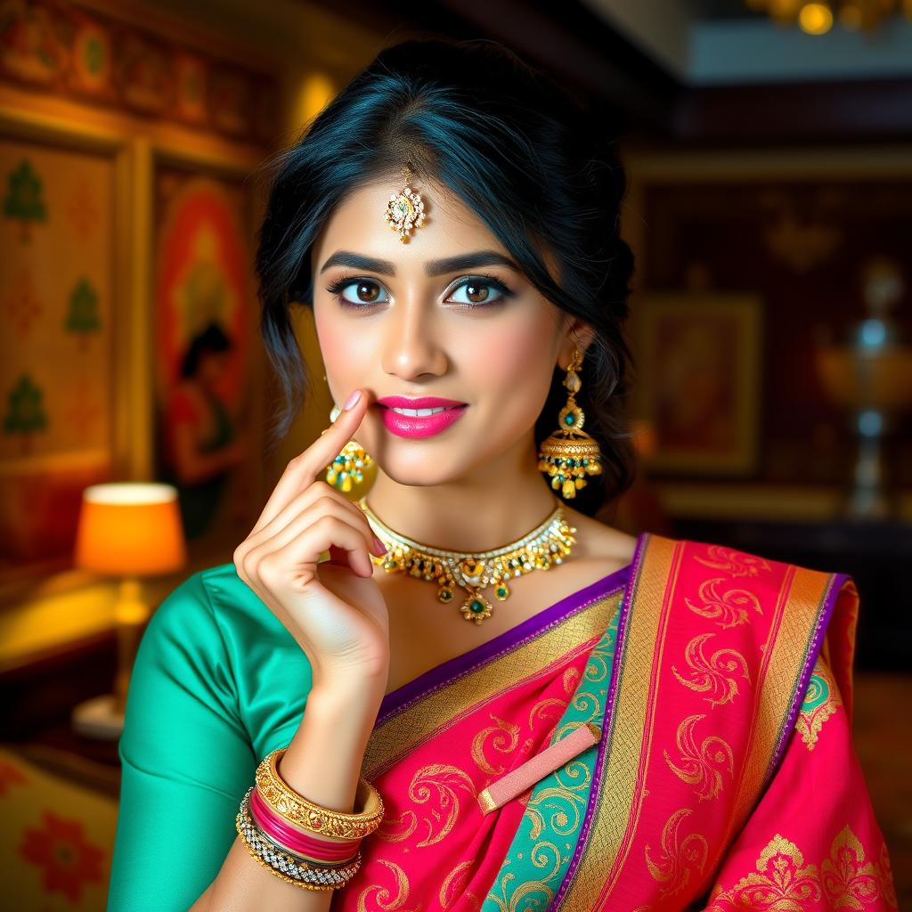 An attractive Indian bhabi posing confidently, with one finger playfully resting on her lower lip and her other hand gently placed on her chest, conveying a sense of allure and charm