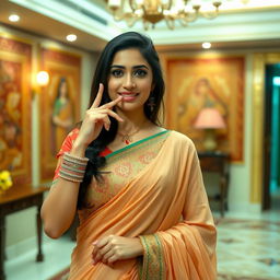 An attractive Indian bhabi posing confidently, with one finger playfully resting on her lower lip and her other hand gently placed on her chest, conveying a sense of allure and charm