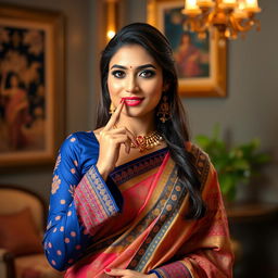 An attractive Indian bhabi posing confidently, with one finger playfully resting on her lower lip and her other hand gently placed on her chest, conveying a sense of allure and charm