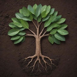 Illustrate the symbolic representation of the value of health as a strong, vital tree, with leaves indicating diverse aspects of well-being, and roots embedded deep in a nutrient-rich soil representing proper nutrition and exercise.