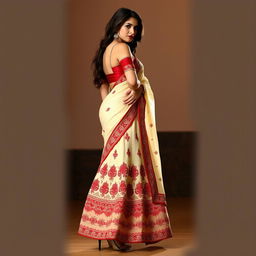 A woman in a seductive pose, wearing a cream and red Mekhela Chadar with a matching red blouse