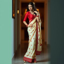 A woman in a seductive pose, wearing a cream and red Mekhela Chadar with a matching red blouse