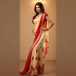 A woman in a seductive pose, wearing a cream and red Mekhela Chadar with a matching red blouse