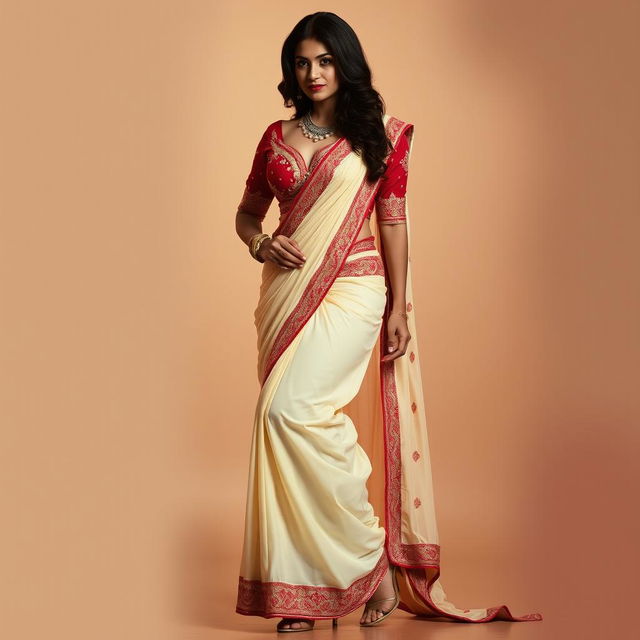 A woman in a seductive pose, wearing a cream and red Mekhela Chadar with a matching red blouse