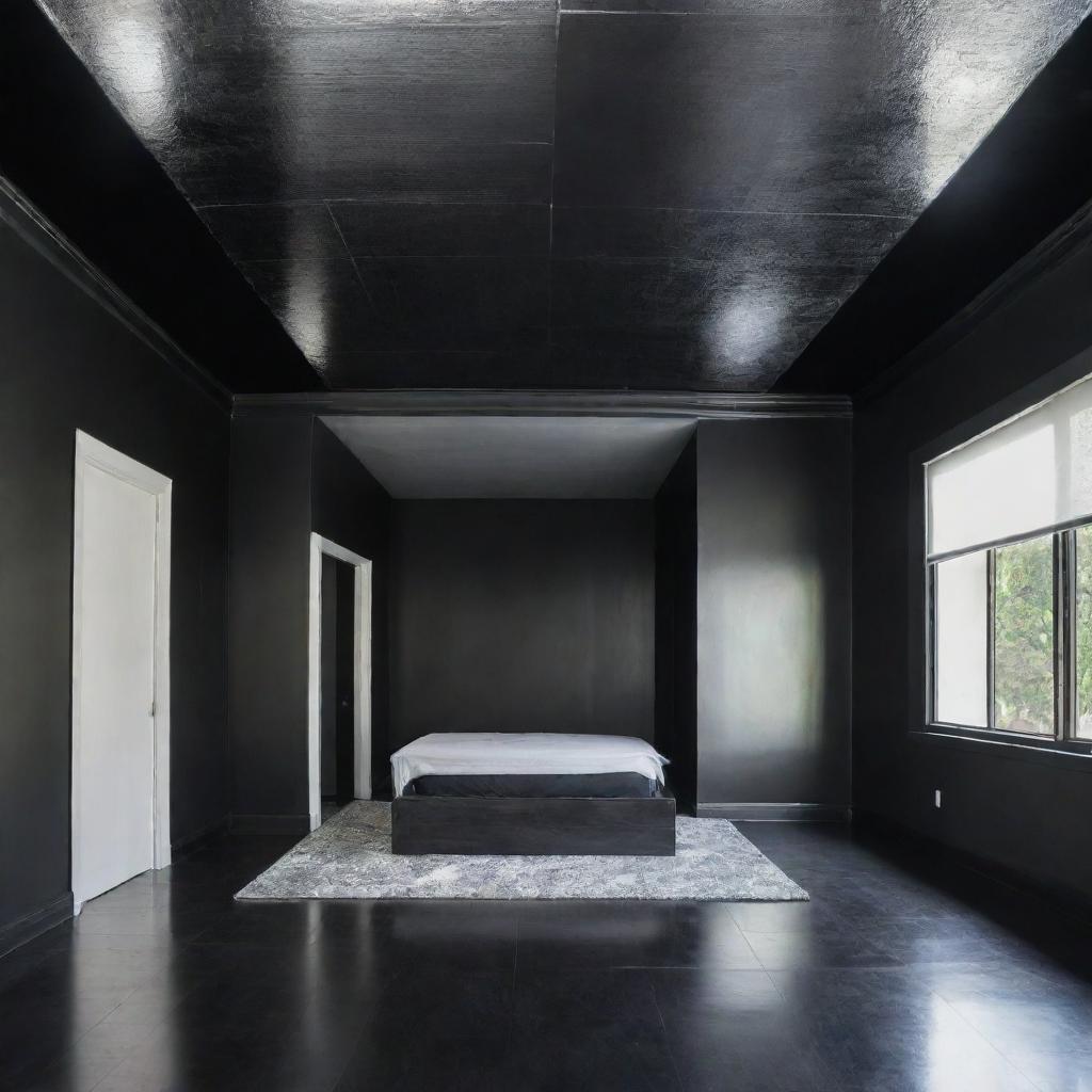 A room featuring shiny silver walls contrasted with a matte black ceiling.