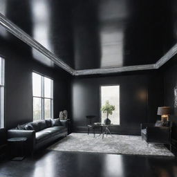 A room featuring shiny silver walls contrasted with a matte black ceiling.