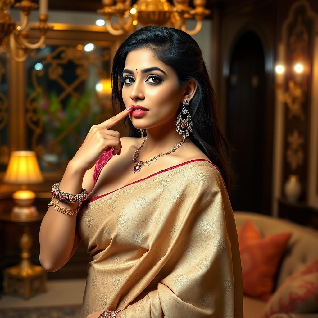 An attractive Indian bhabi posing sensually, with one finger placed playfully on her lower lip and her other hand resting on her breast with elegance and allure