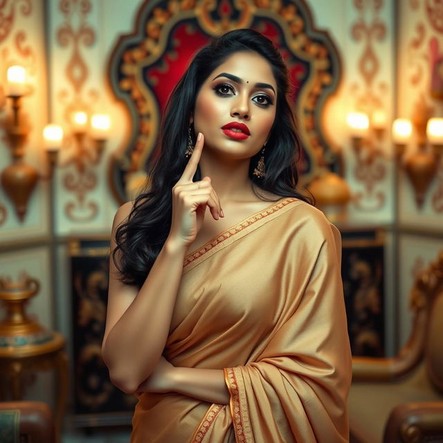 An attractive Indian bhabi posing sensually, with one finger placed playfully on her lower lip and her other hand resting on her breast with elegance and allure