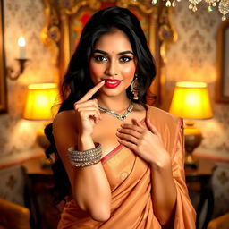 An attractive Indian bhabi posing sensually, with one finger placed playfully on her lower lip and her other hand resting on her breast with elegance and allure