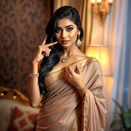 An attractive Indian bhabi posing sensually, with one finger placed playfully on her lower lip and her other hand resting on her breast with elegance and allure