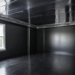 A room featuring shiny silver walls contrasted with a matte black ceiling.