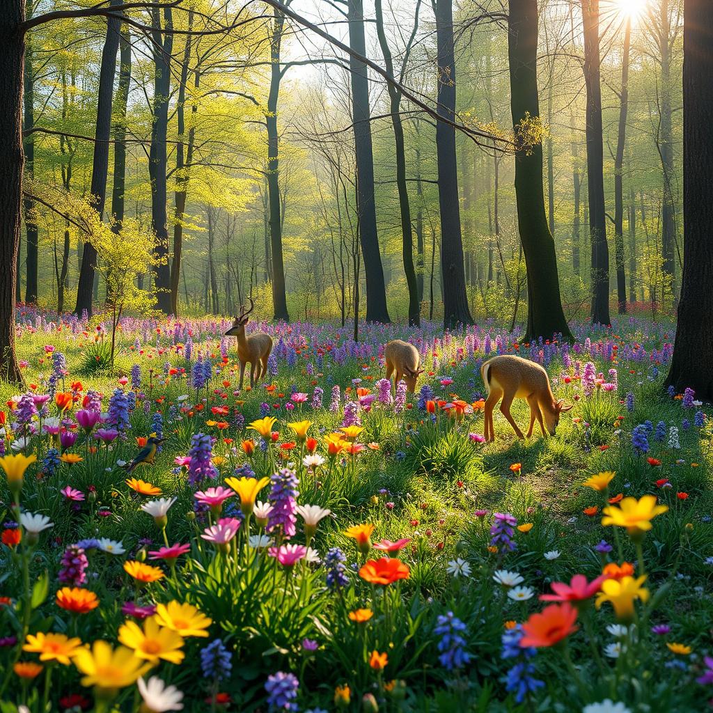 A tranquil spring forest glade adorned with vibrant colorful wildflowers