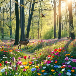 A tranquil spring forest glade adorned with vibrant colorful wildflowers