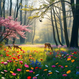 A tranquil spring forest glade adorned with vibrant colorful wildflowers