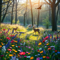 A tranquil spring forest glade adorned with vibrant colorful wildflowers