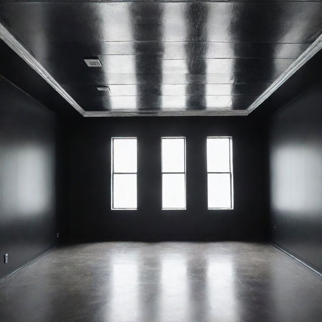 A room featuring shiny silver walls contrasted with a matte black ceiling.