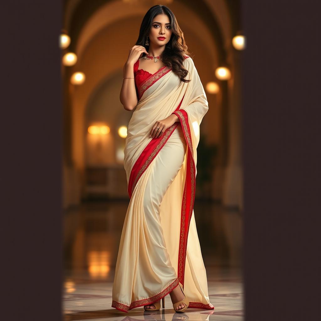 A woman in a seductive pose, wearing a cream and red Mekhela Chadar with a red blouse