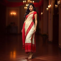 A woman in a seductive pose, wearing a cream and red Mekhela Chadar with a red blouse