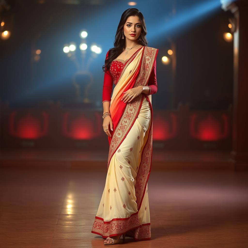 A woman in a seductive pose, wearing a cream and red Mekhela Chadar with a red blouse