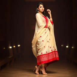 A woman in a seductive pose, wearing a cream and red Mekhela Chadar with a red blouse