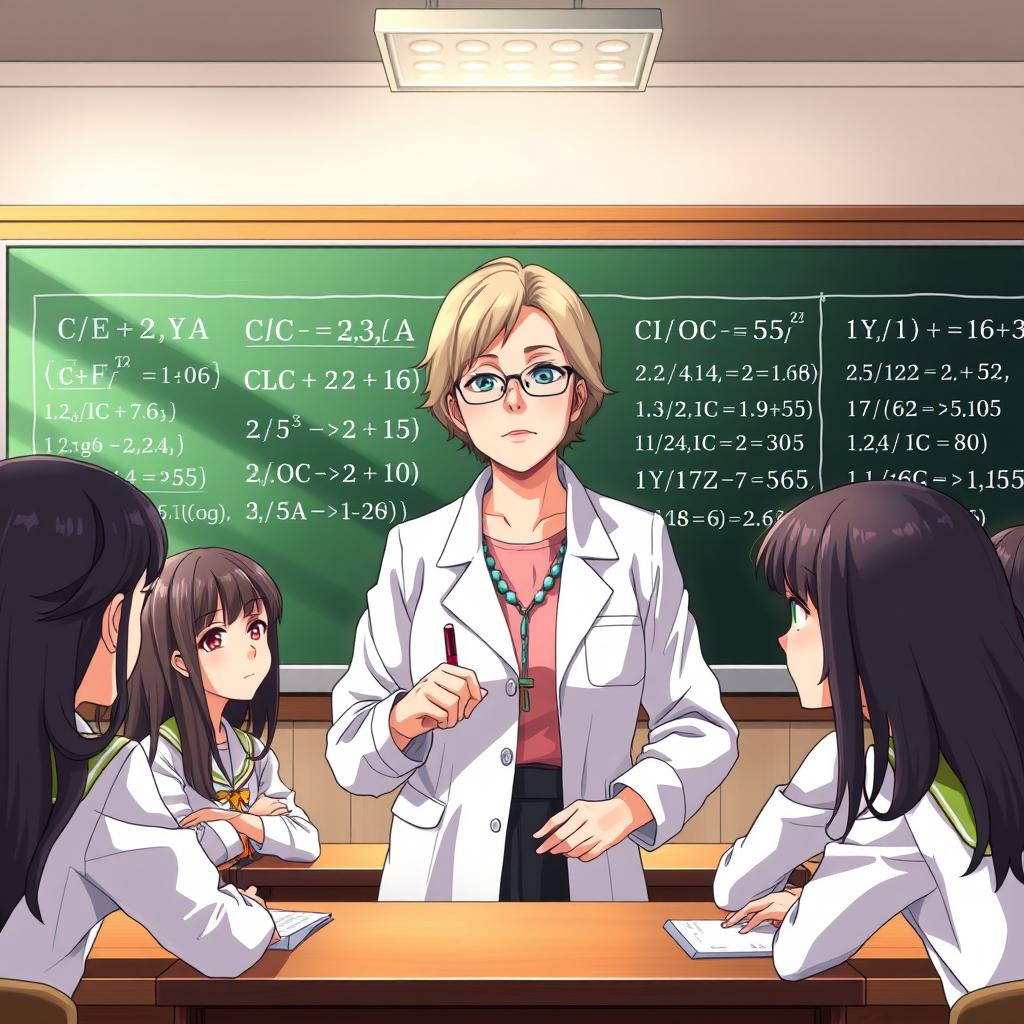 An anime-style scene featuring a mature, veteran science teacher (MILF) surrounded by her female students in a classroom setting