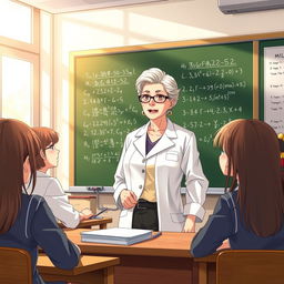 An anime-style scene featuring a mature, veteran science teacher (MILF) surrounded by her female students in a classroom setting