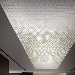 A sophisticated false ceiling designed with intricate square patterns, casting soothing light in an elegant interior space.