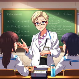 An anime-style scene featuring a mature, veteran science teacher (MILF) surrounded by her female students in a classroom setting