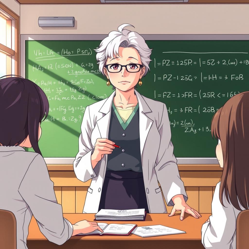 An anime-style scene featuring a mature, veteran science teacher (MILF) surrounded by her female students in a classroom setting