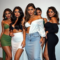 A group of attractive women of diverse ethnic backgrounds, including Arab, Latina, and South Asian, with striking curves and confident, seductive expressions