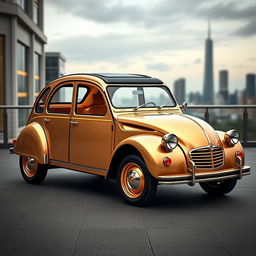 A luxurious version of a Citroën 2CV, with an opulent and elegant design featuring golden accents and a plush leather interior