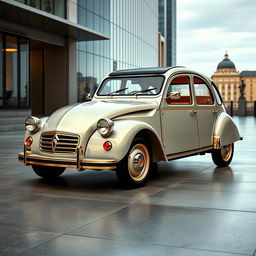 A luxurious version of a Citroën 2CV, with an opulent and elegant design featuring golden accents and a plush leather interior