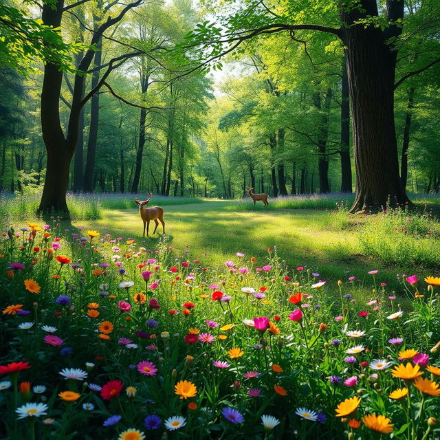 A tranquil spring forest glade, featuring a vibrant array of colorful wildflowers in full bloom