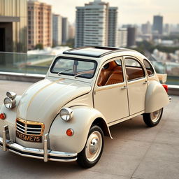 A luxurious version of a Citroën 2CV, with an opulent and elegant design featuring golden accents and a plush leather interior