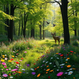 A tranquil spring forest glade, featuring a vibrant array of colorful wildflowers in full bloom