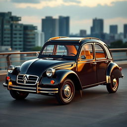 A luxurious version of a Citroën 2CV, with an opulent and elegant design featuring golden accents and a plush leather interior