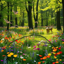 A tranquil spring forest glade, featuring a vibrant array of colorful wildflowers in full bloom