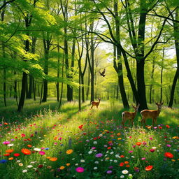 A tranquil spring forest glade, featuring a vibrant array of colorful wildflowers in full bloom