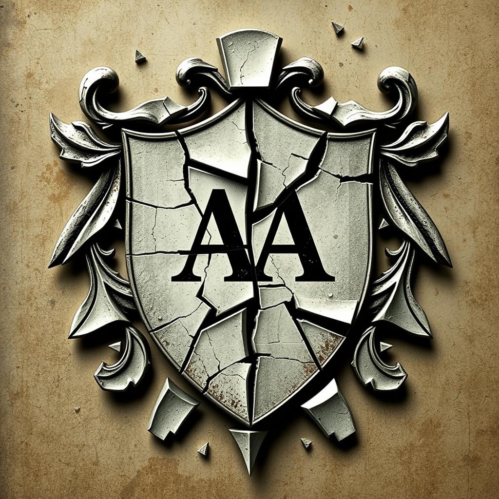 A fragmented crest showcasing broken elements, with the initials 'AA' prominently placed at the center